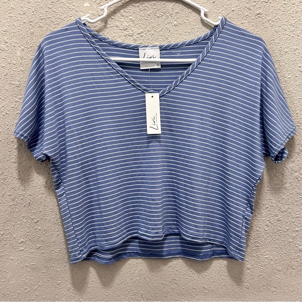 LIVI by Olivia Rae Blue and White Striped V-Neck Crop Top NWT Small